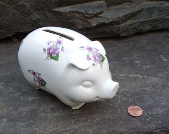 Vintage White Ceramic Pig with Violets Coin Bank