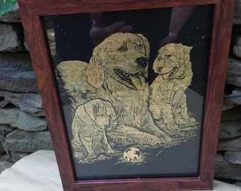 Vintage Golden Retriever Dog Mom and Pups Art, Original Gold Pen & Ink Golden Retriever Art by R. Rehlich