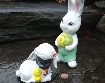 Vintage Whimsical White Easter Bunny & Black Face White Lamb with Chick Figurines, Spring, Easter, Handmade Handpainted from mold