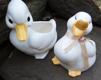 Vintage Ceramic Happy White Ducks with Orange Beaks Planters, Set of 2