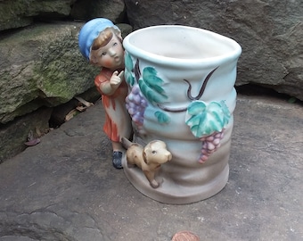 Vintage Girl with Puppy in a Grapevine Ceramic Planter, Japan