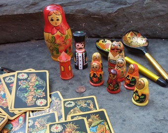 Vintage Hand Painted Russian Wood Dolls Spoons, Nesting Dolls and Paleh Playing Cards, Russian Lacquered Dolls Spoons