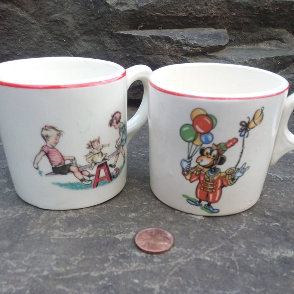 Vintage Ceramic Two Children's  Advertising Cups or Mugs, Children on See Saw and Clown Monkey wit Balloons, Mid-Century