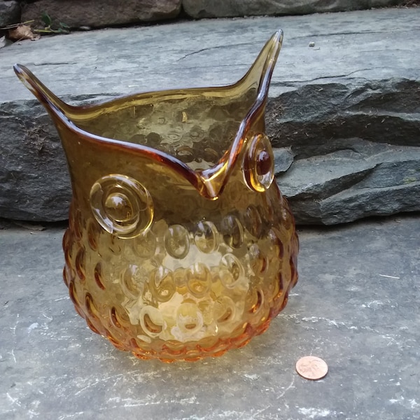 Vintage Amber Glass Owl Vase with Bubble Pattern, Art Glass Owl Vase