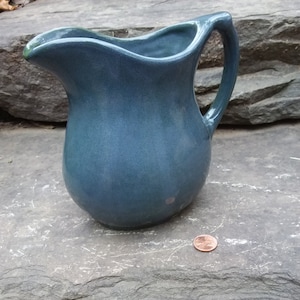 Vintage Roseville Blue Green Art Pottery Pitcher Vase, Mid-Century