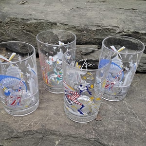 Vintage Disney World Remember the Magic Set of 4 Tumbler Glasses 25th Anniversary, Mickey, Donald Duck and Goofy, 1996