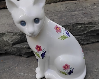 Vintage Large Ceramic White Cat with Blue Eyes and Floral Motif Figurine, ELPA Portugal