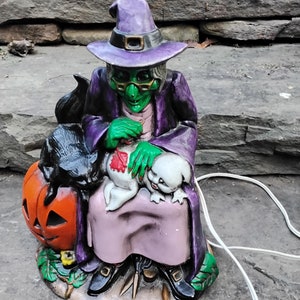 Vintage Large Ceramic Halloween Witch, Ghost, Cat, Pumpkin Lamp with Cord and Bulb