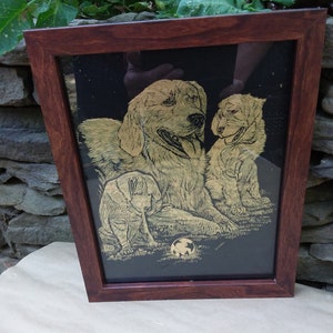 Vintage Golden Retriever Art: Gold Pen & Ink Dog Family (8x10 Framed)