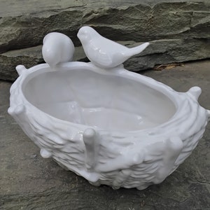 Vintage Glazed White Pottery Bird&#39;s Nest Planter or Bowl Planter with Relief