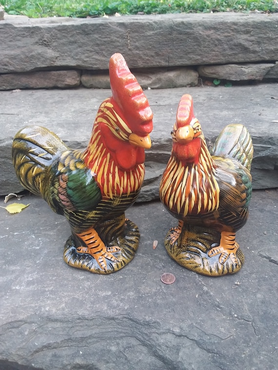 Vintage Colorful Ceramic Rooster and Hen Figurines From Dept