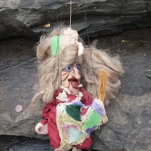Vintage Czech Witch Marionette, Wood, Metal and Plastic, Hand Crafted