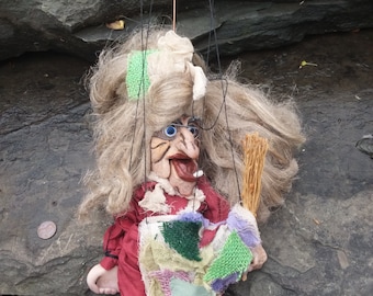 Vintage Czech Witch Marionette, Wood, Metal and Plastic, Hand Crafted