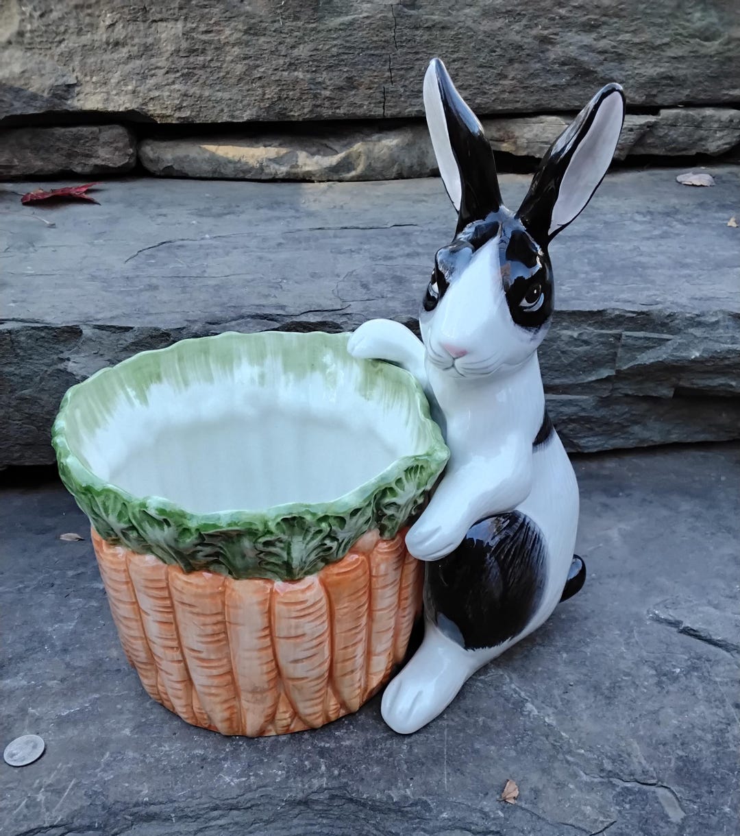 Vintage Porcelain Fitz Floyd Black & White Rabbit With Round Carrots ...