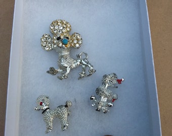 Vintage French Poodle Pins Brooch, Silver tone and Enamel with Rhinestones, Mid Century