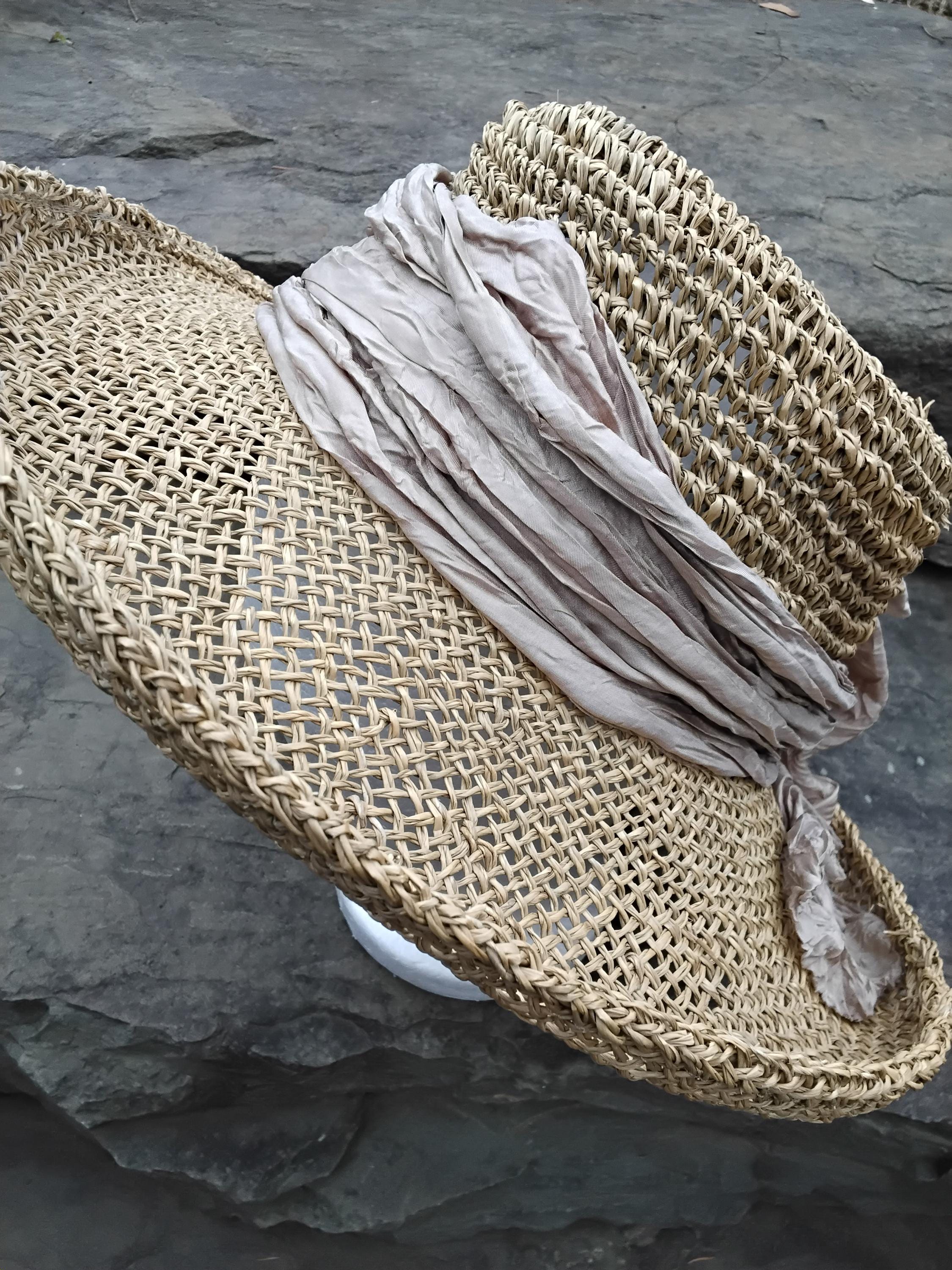 vintage Wide-Brim Straw Hat with Dark Green Bow. Antique Victorian 19th Century Italian Leghorn Straw Wide  main image 3