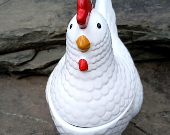Vintage White Chicken and Egg Ceramic Lidded Cookie Jar, Gallery Original, Made in Portugal