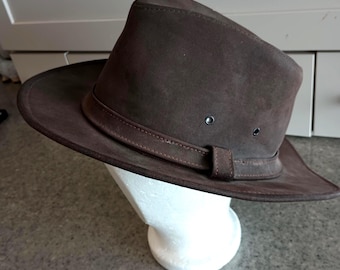 Vintage Minnetonka Brown Suede Leather Cowboy Outback Hat, Made in USA