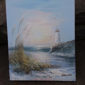 Vintage Original Artist Signed Acrylic of Beach Cove Lighthouse, Artist Browne