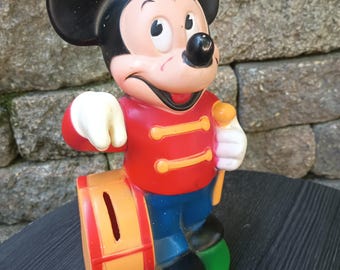 Vintage Vinyl Plastic Mickey Mouse Marching Band Leader Coin Bank, Walt Disney Productions, 1970s