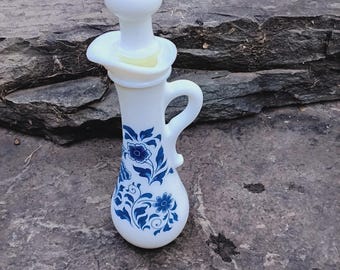 Vintage Avon Delft Blue Floral Cruet: Milk Glass Decanter with Stopper