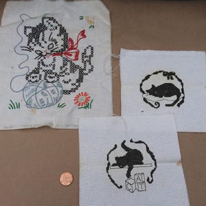Vintage Cross Stitched Black Kitty Cats Completed Cat Cross Stitch
