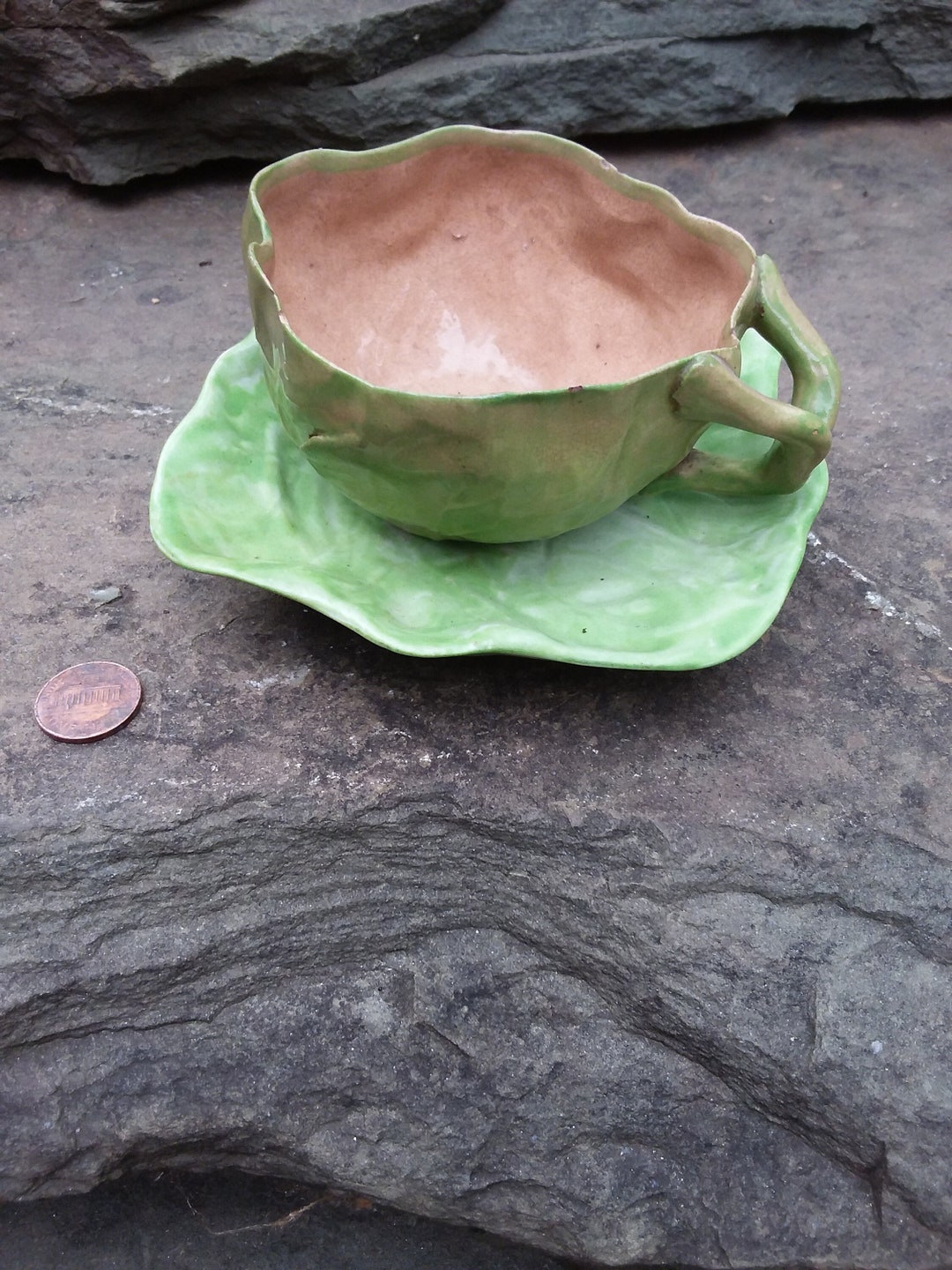 Vintage Wannopee Majolica Lettuce Leaf Pottery Cup and Plate Etsy