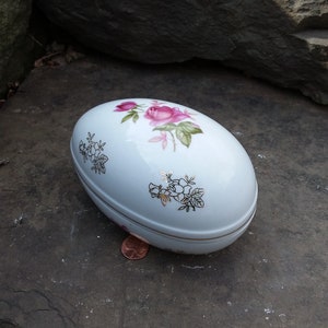 Vintage Lefton Floral Egg Lidded Trinket Box Porcelain, Japan