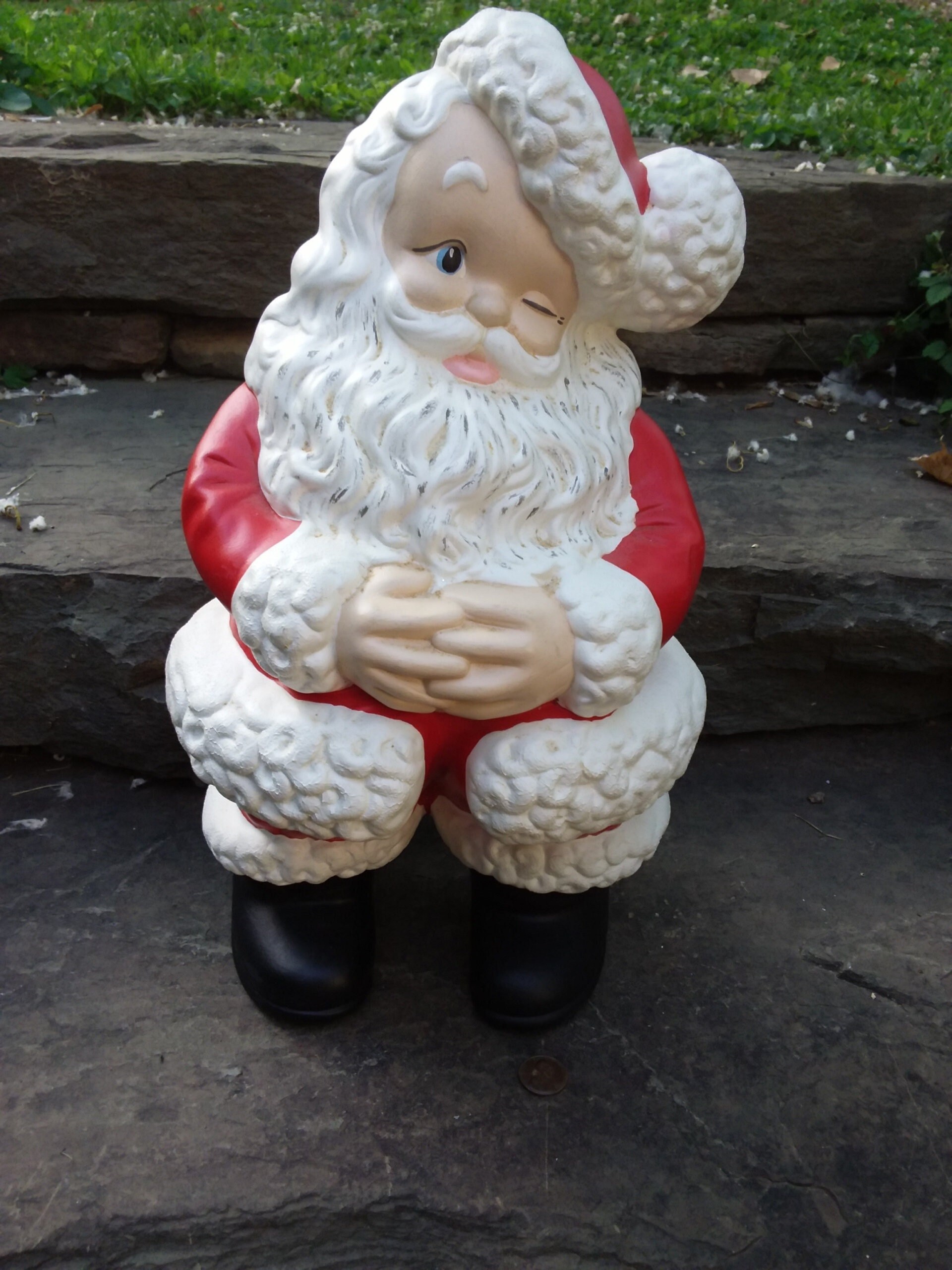 Vintage Large Ceramic Winking Santa, Hand Painted From Mold, 1970s