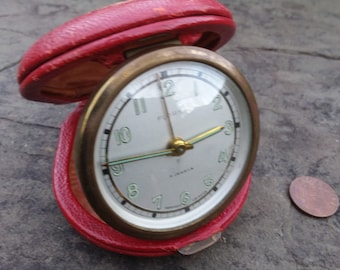 Vintage Florn Brass Wind-Up Travel Alarm Clock - Red Leather Case
