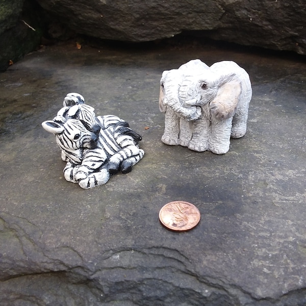 Vintage Stone Critters Littles Zebra Couple and Elephant Couple Trunks Entwined Figurines, Stone Resin by United Design 1995