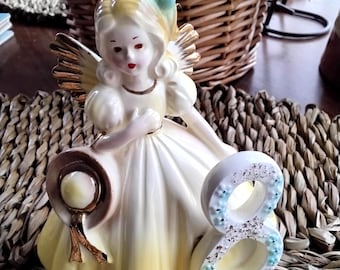Vintage Josef Originals Turning 8 Birthday Girl Angel Cake Topper Gift, Hand Painted, Japan