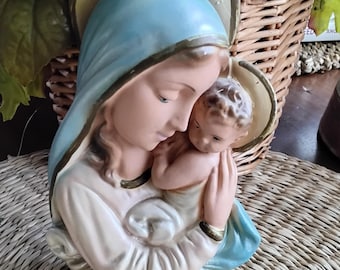 Vintage Chalkware Madonna and Baby Jesus Wall Plaque