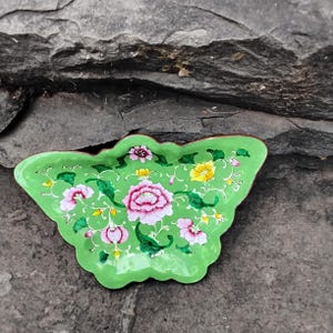 Vintage Chinese Canton Enamel Butterfly Dish,  Trinket, Ring or Key Dish with Brass Rim