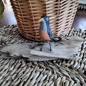 Vintage Wood Hand Carved & Painted Robin Redbreast on Driftwood Figurine, Wood Bird