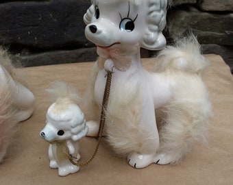 Vintage Porcelain Poodle Dog Family Figurines with Rabbit Fur