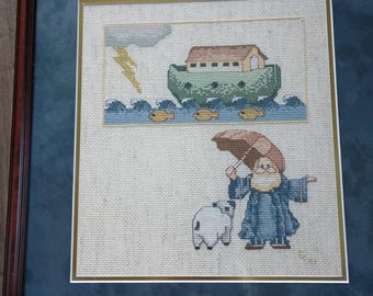 Vintage Completed and Framed Noah's Ark, "Stormy Night" Counted Cross Stitch, Nursery Art, Bucilla Pattern, 1996