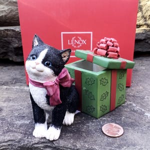 Vintage Lenox Holly day Kitty, Black & White Tuxedo Kitty Cat with Gift