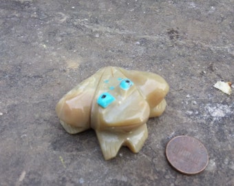 Vintage Polished Stone Green Frog with Turquoise Eyes and HighlightsHandmade