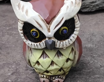 Vintage Blue-Eyed Owl Coin Bank, Japan, 1960s, Plastic