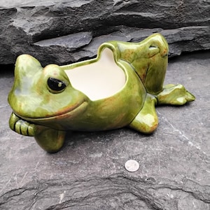 Vintage Ceramic Whimsical Green Frog Planter