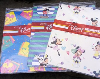 Vintage Cleo Disney Mickey Mouse Minnie Mouse Gift Wrapping Paper, 1990s, Sealed in Plastic
