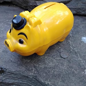 Vintage Hard Plastic Hat Tipping Yellow Pig Piggy Bank by Westland Plastics, 1960s