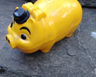 Vintage Hard Plastic Hat Tipping Yellow Pig Piggy Bank by Westland Plastics, 1960s