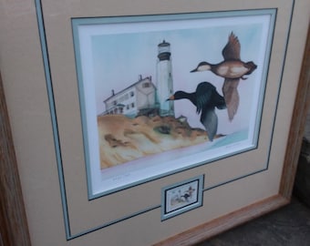 Vintage American Scoter Print: Cape Henlopen Lighthouse, Signed Bonni Field