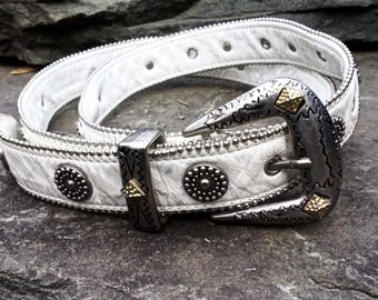 Vintage White Leather Belt: Ribbed Silver Buckle, Skinny  display picture 1
