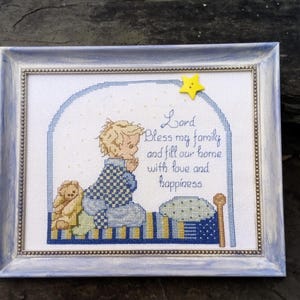 Vintage Completed Framed Bedtime Children's Prayer Cross Stitch Sampler, Nursery Decor