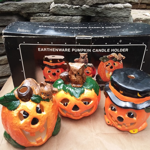 Vintage Earthenware Halloween Pumpkin Candle Holders, Set of 3, Brinns, 1988