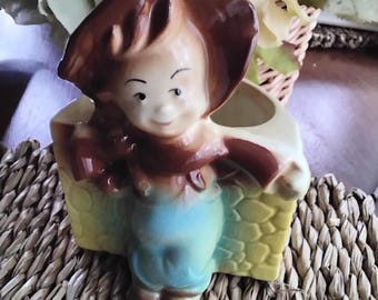 Vintage Hull Farmer Boy Against Stone Wall Planter, 1960s