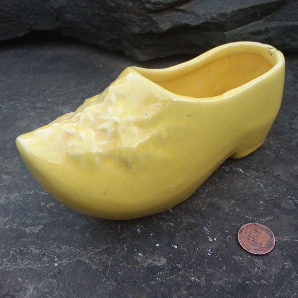 Vintage Heavy Ceramic Yellow Wooden Shoe Planter, Dutch Sshoe Planter